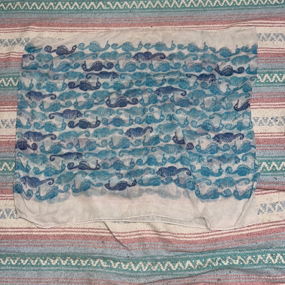 White infinity scarf with blue seahorse print